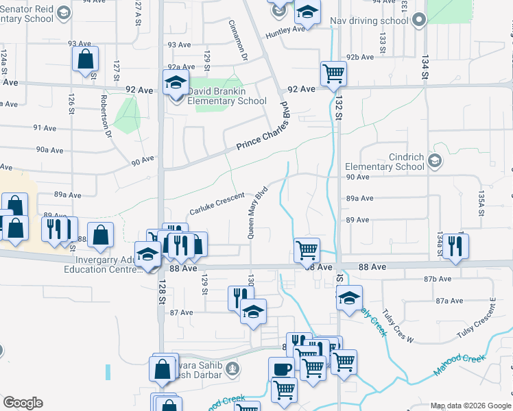 map of restaurants, bars, coffee shops, grocery stores, and more near 8936 Queen Mary Boulevard in Surrey