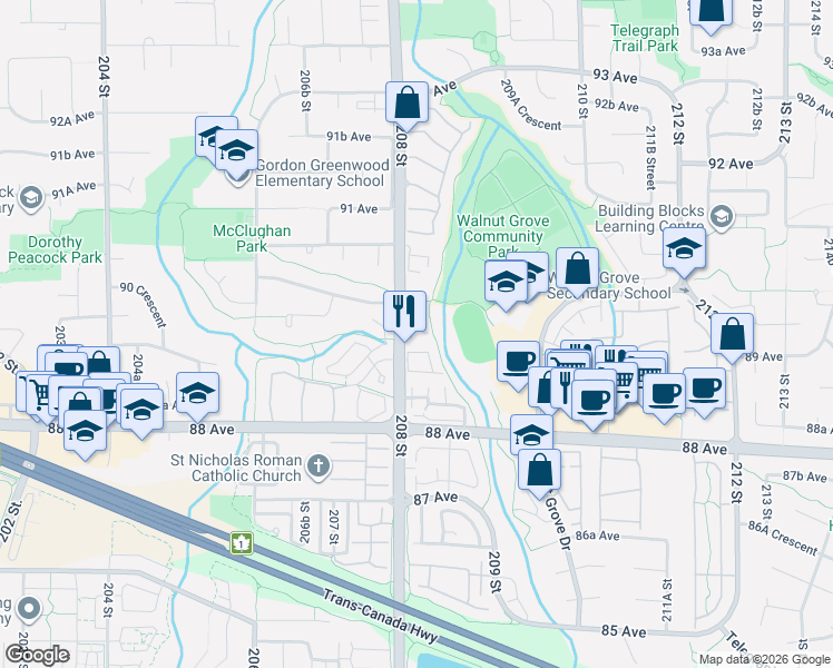 map of restaurants, bars, coffee shops, grocery stores, and more near 8968 208 Street in Langley Township