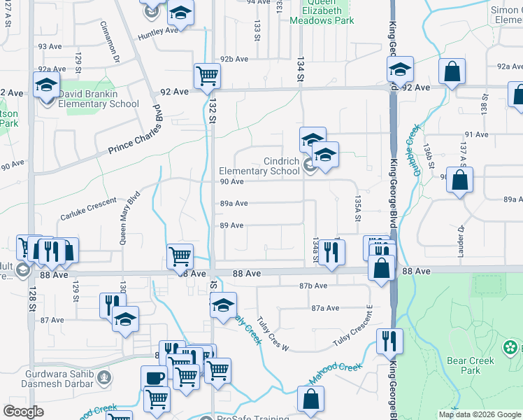map of restaurants, bars, coffee shops, grocery stores, and more near 13306 89A Avenue in Surrey