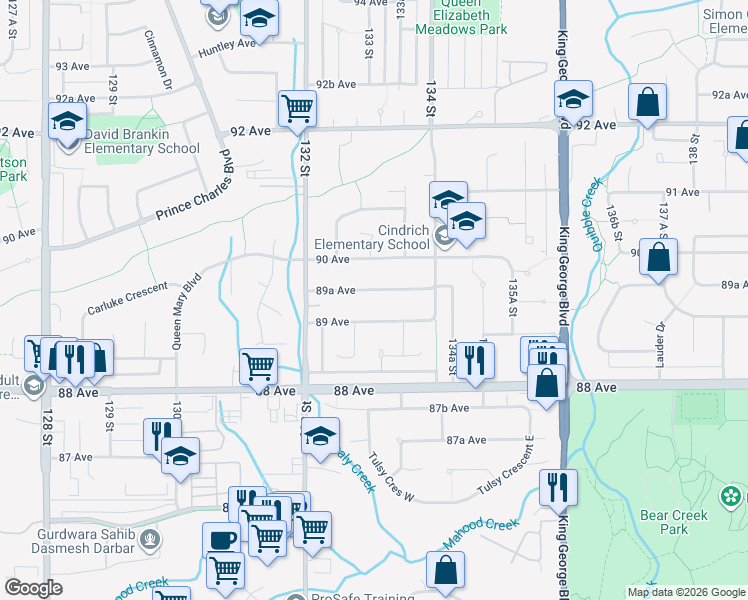 map of restaurants, bars, coffee shops, grocery stores, and more near 13306 89A Avenue in Surrey