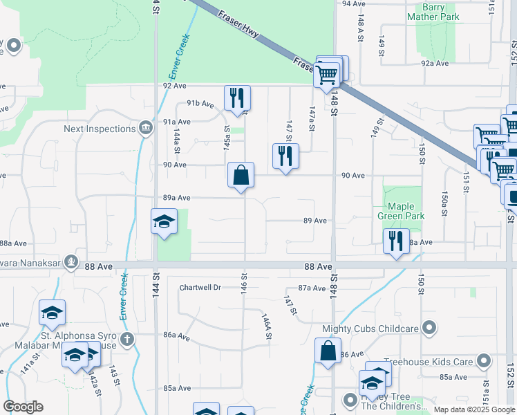 map of restaurants, bars, coffee shops, grocery stores, and more near 8927 146A Street in Surrey