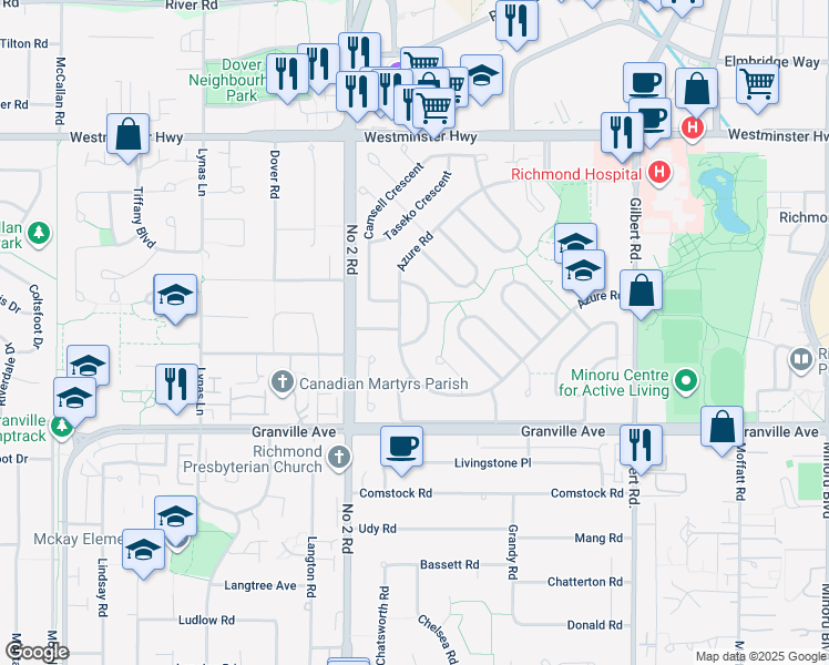 map of restaurants, bars, coffee shops, grocery stores, and more near 6291 Kalamalka Crescent in Richmond