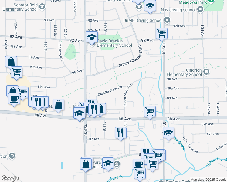map of restaurants, bars, coffee shops, grocery stores, and more near 12877 Carluke Crescent in Surrey