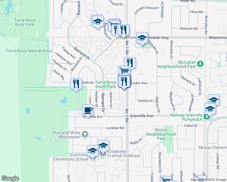 map of restaurants, bars, coffee shops, grocery stores, and more near 6888 Robson Drive in Richmond