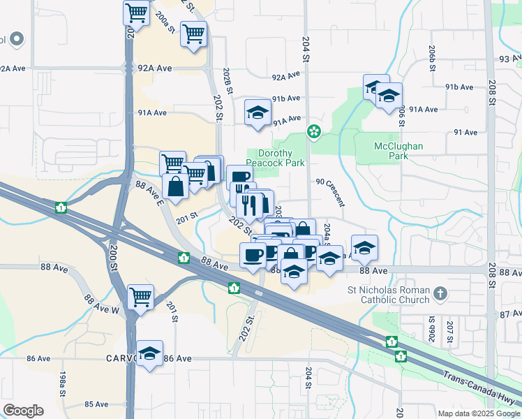 map of restaurants, bars, coffee shops, grocery stores, and more near 8933 203A Street in Langley City