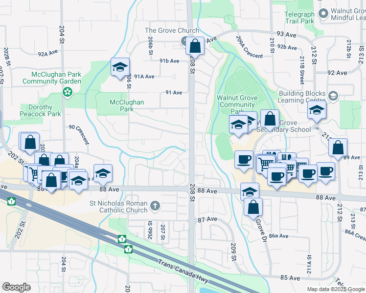 map of restaurants, bars, coffee shops, grocery stores, and more near 20761 Telegraph Trail in Langley Township