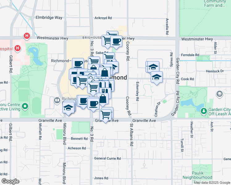 map of restaurants, bars, coffee shops, grocery stores, and more near in Richmond