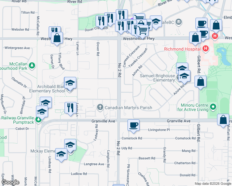 map of restaurants, bars, coffee shops, grocery stores, and more near 6451 Number 2 Road in Richmond
