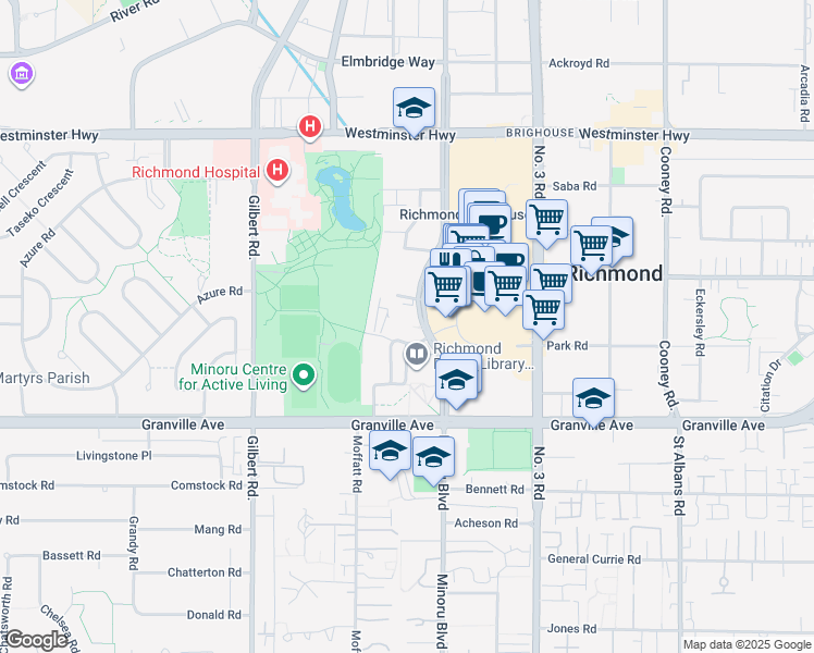 map of restaurants, bars, coffee shops, grocery stores, and more near 6651 Minoru Boulevard in Richmond