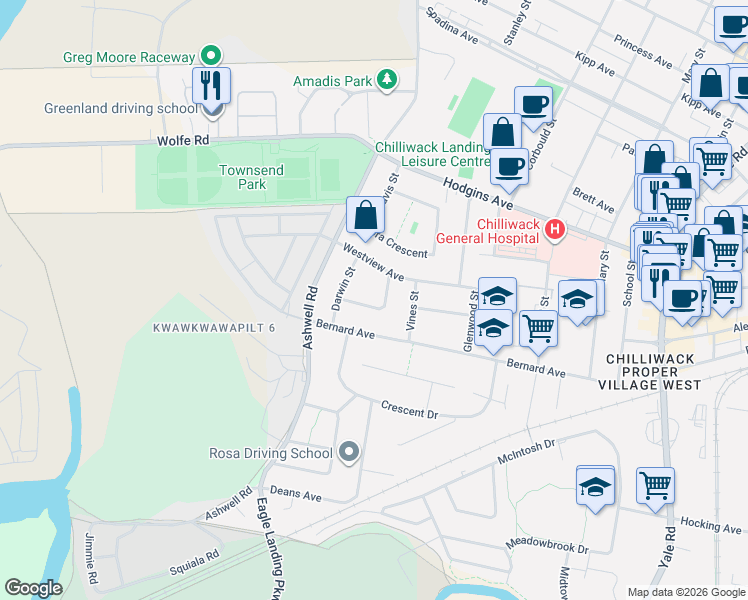 map of restaurants, bars, coffee shops, grocery stores, and more near 45305 Paisley Avenue in Chilliwack