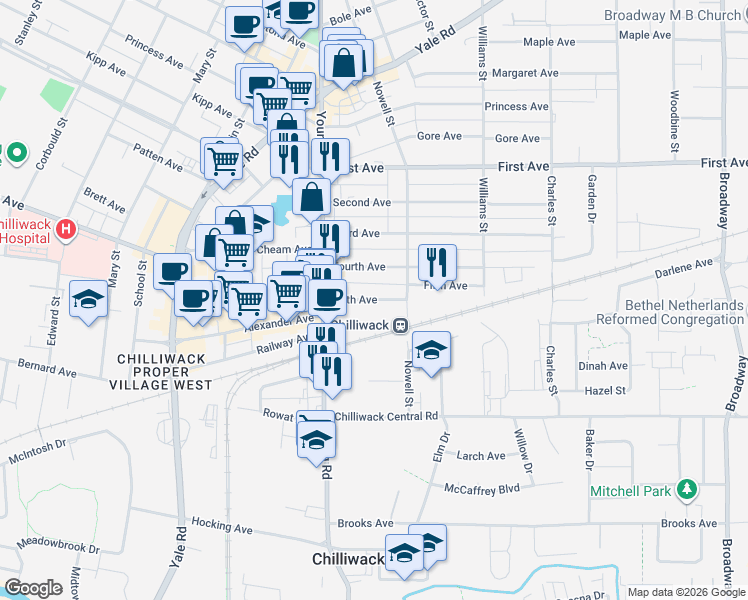 map of restaurants, bars, coffee shops, grocery stores, and more near 46045 Fifth Avenue in Chilliwack