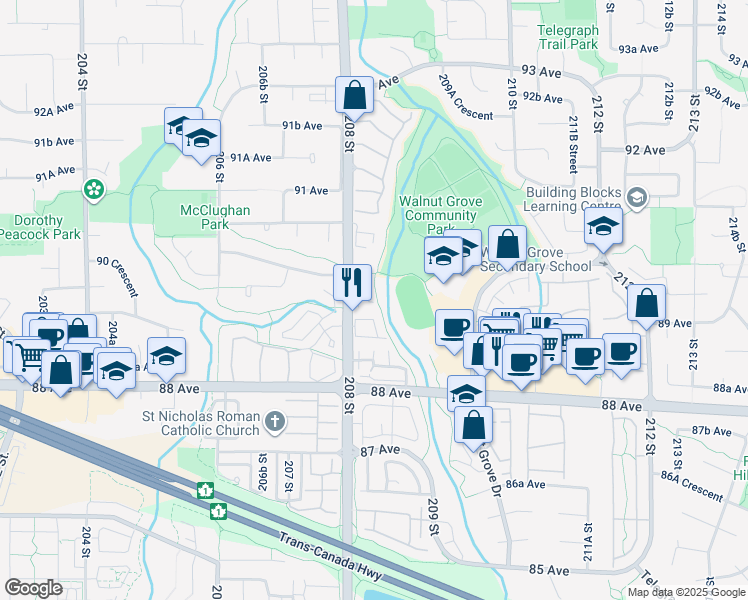 map of restaurants, bars, coffee shops, grocery stores, and more near 8968 208 Street in Langley Township
