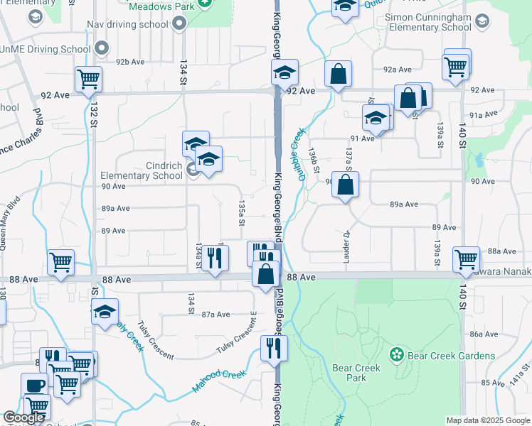 map of restaurants, bars, coffee shops, grocery stores, and more near 13583 89 Avenue in Surrey