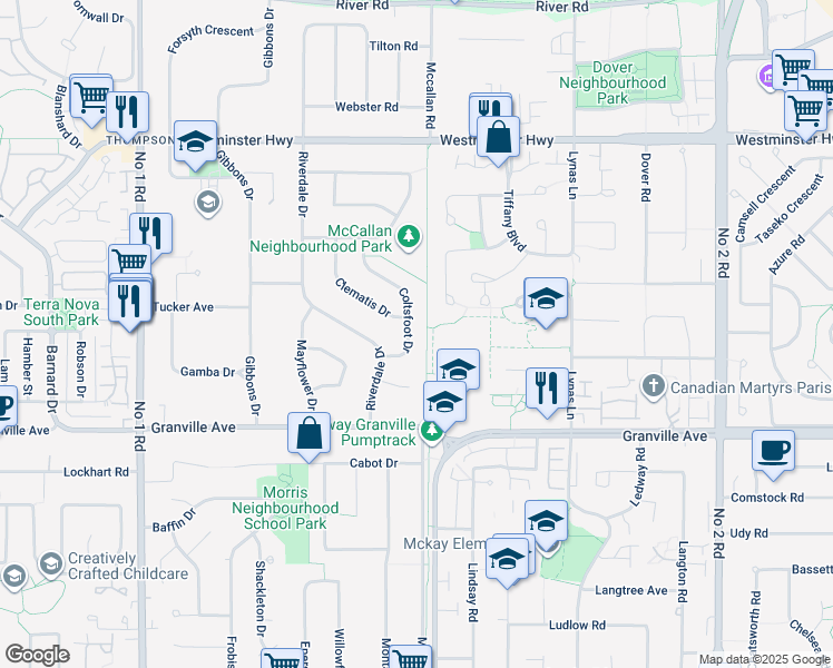map of restaurants, bars, coffee shops, grocery stores, and more near 6680 Coltsfoot Drive in Richmond