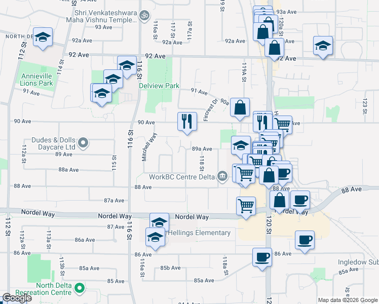 map of restaurants, bars, coffee shops, grocery stores, and more near 8910 117A Street in Delta