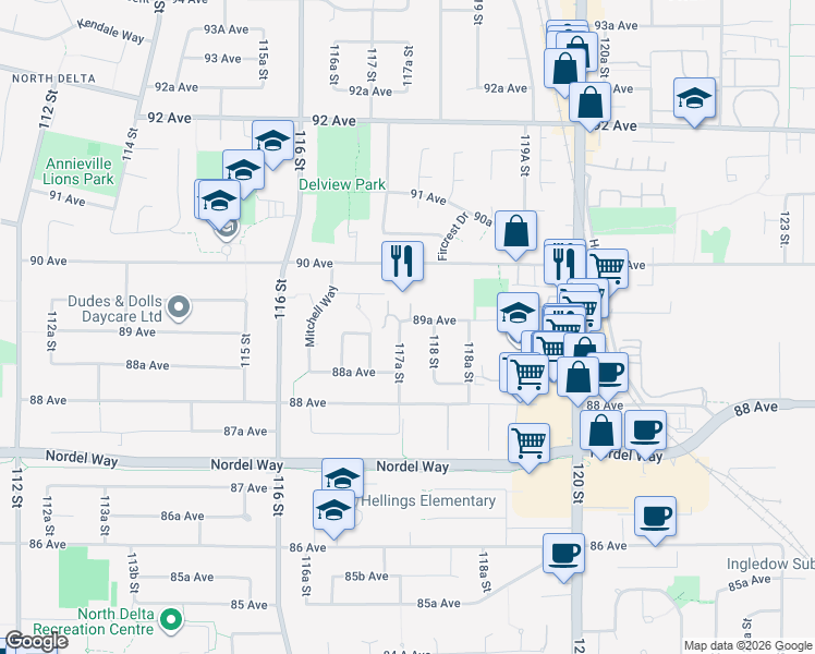 map of restaurants, bars, coffee shops, grocery stores, and more near 8910 117A Street in Delta