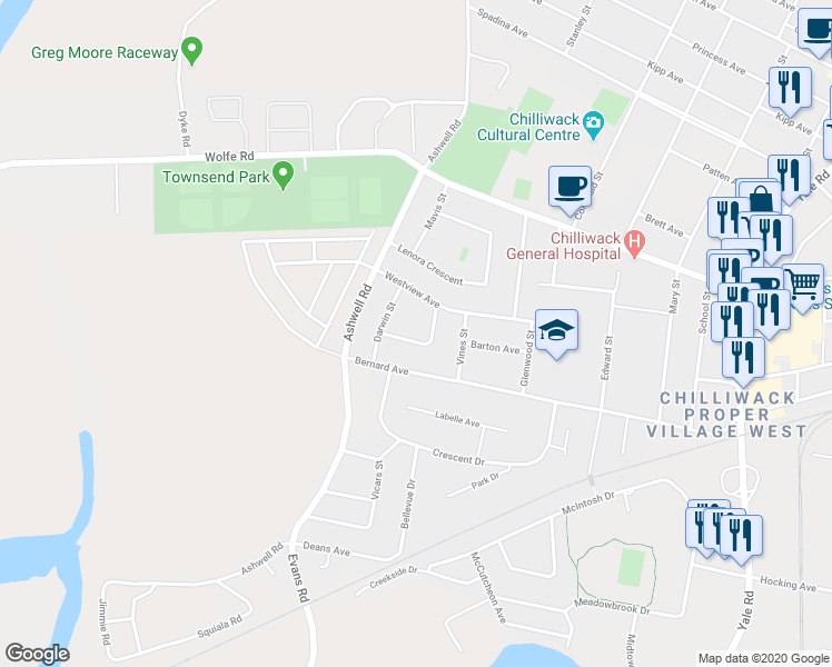 map of restaurants, bars, coffee shops, grocery stores, and more near 45305 Paisley Avenue in Chilliwack