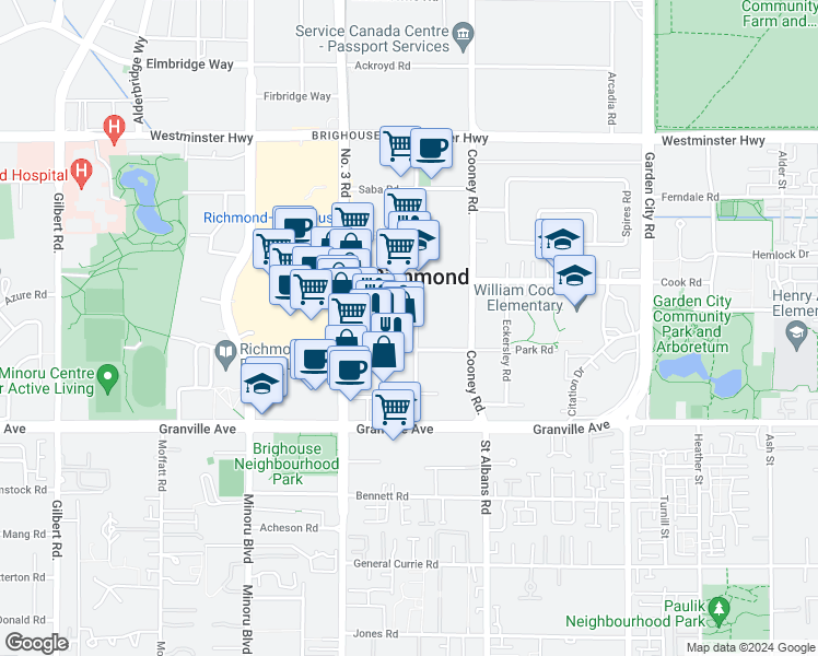 map of restaurants, bars, coffee shops, grocery stores, and more near 6633 Buswell Street in Richmond