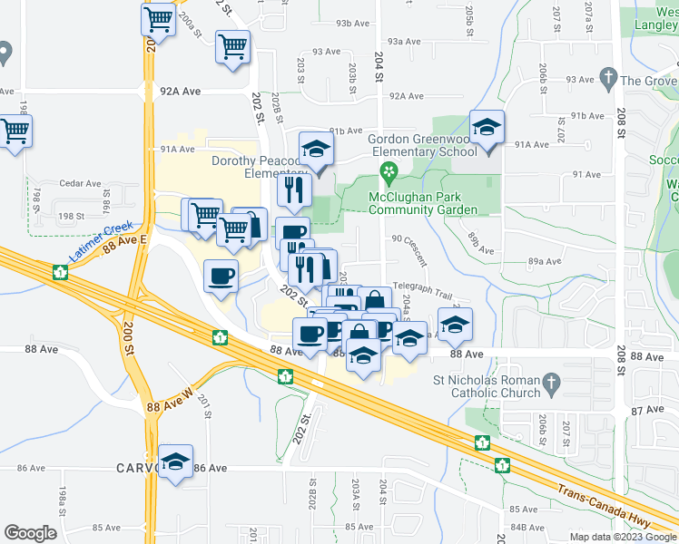 map of restaurants, bars, coffee shops, grocery stores, and more near 8933 203A Street in Langley City