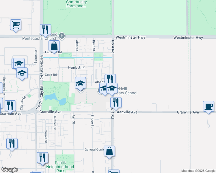 map of restaurants, bars, coffee shops, grocery stores, and more near 9840 Alberta Road in Richmond