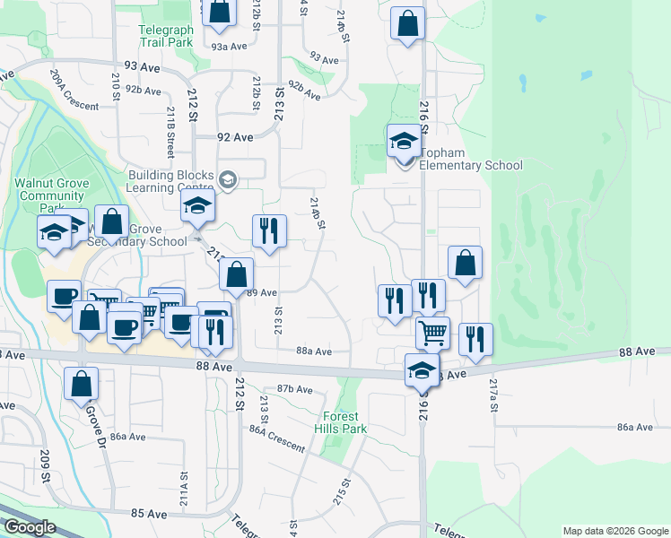 map of restaurants, bars, coffee shops, grocery stores, and more near 21496 90 Avenue in Langley City
