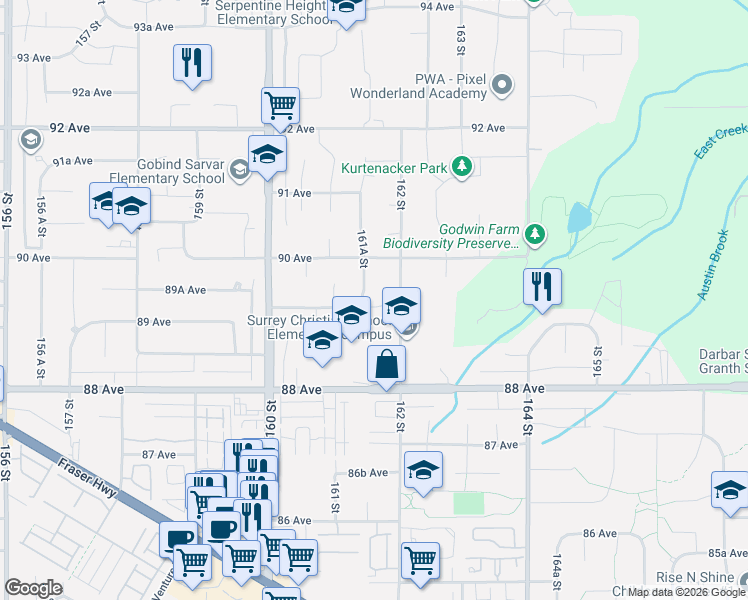 map of restaurants, bars, coffee shops, grocery stores, and more near 16177 89A Avenue in Surrey