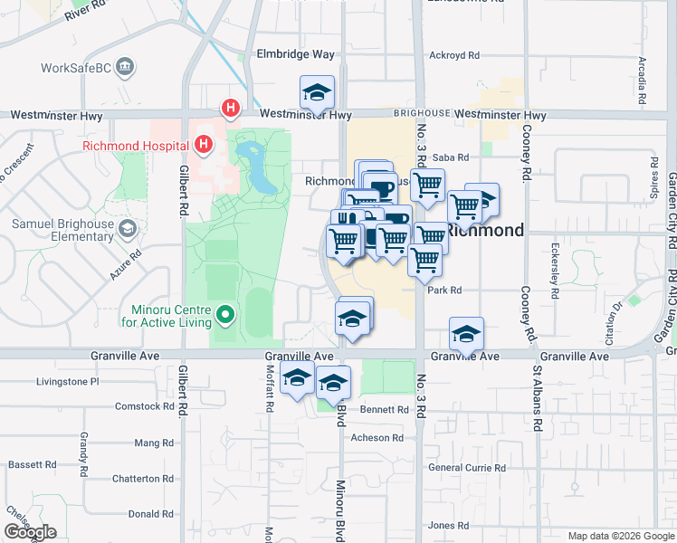 map of restaurants, bars, coffee shops, grocery stores, and more near 6600 Minoru Boulevard in Richmond