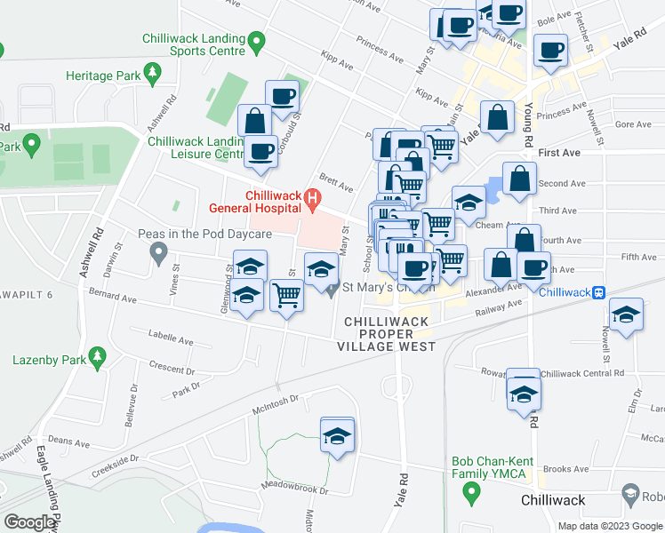 map of restaurants, bars, coffee shops, grocery stores, and more near in Chilliwack