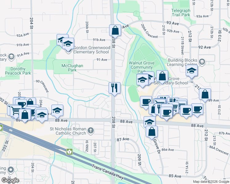 map of restaurants, bars, coffee shops, grocery stores, and more near 8968 208 Street in Langley Township