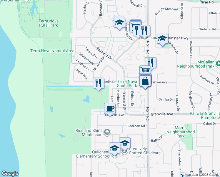 map of restaurants, bars, coffee shops, grocery stores, and more near 3671 Lam Drive in Richmond