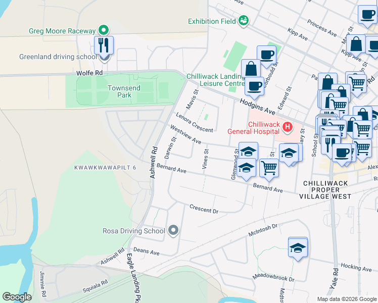 map of restaurants, bars, coffee shops, grocery stores, and more near 8955 Pandora Street in Chilliwack