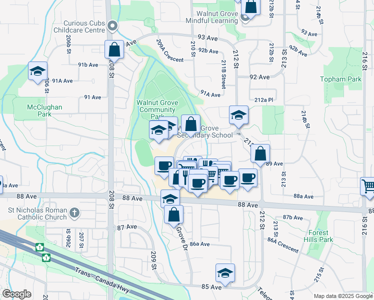 map of restaurants, bars, coffee shops, grocery stores, and more near 8930 Walnut Grove Drive in Langley Township