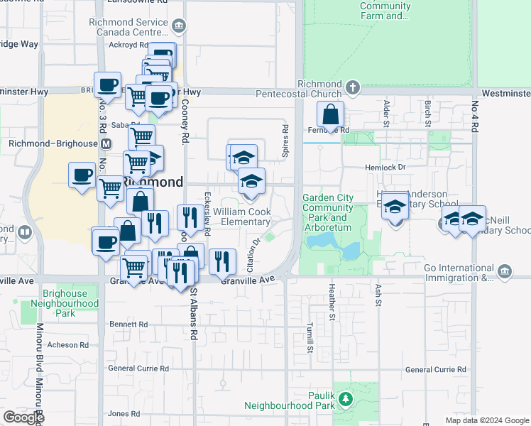 map of restaurants, bars, coffee shops, grocery stores, and more near 6527 Pimlico Way in Richmond