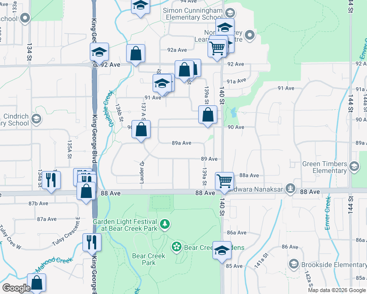 map of restaurants, bars, coffee shops, grocery stores, and more near 13884 89A Avenue in Surrey