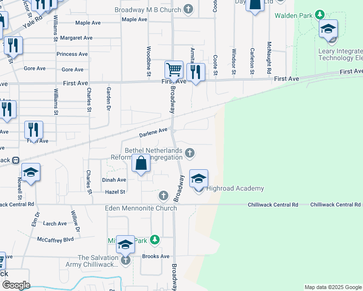 map of restaurants, bars, coffee shops, grocery stores, and more near 46604 Ramona Drive in Chilliwack