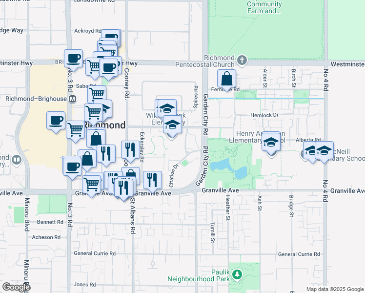 map of restaurants, bars, coffee shops, grocery stores, and more near 6527 Pimlico Way in Richmond
