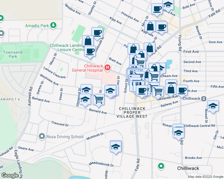 map of restaurants, bars, coffee shops, grocery stores, and more near 8985 Mary Street in Chilliwack