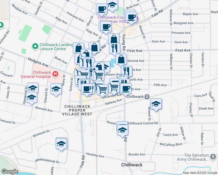 map of restaurants, bars, coffee shops, grocery stores, and more near 45892 Chesterfield Avenue in Chilliwack