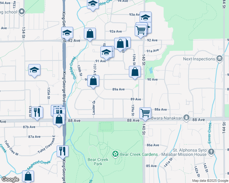 map of restaurants, bars, coffee shops, grocery stores, and more near 13854 89A Avenue in Surrey