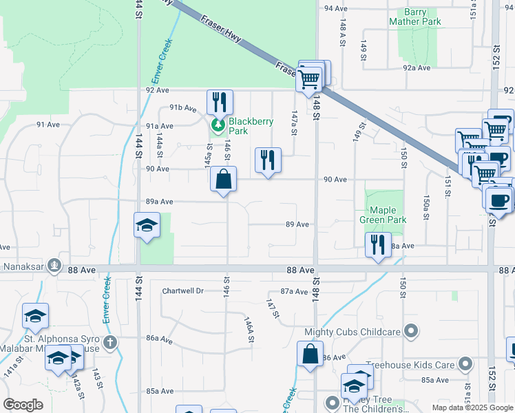 map of restaurants, bars, coffee shops, grocery stores, and more near 8986 146A Street in Surrey