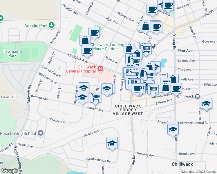 map of restaurants, bars, coffee shops, grocery stores, and more near 8985 Mary Street in Chilliwack