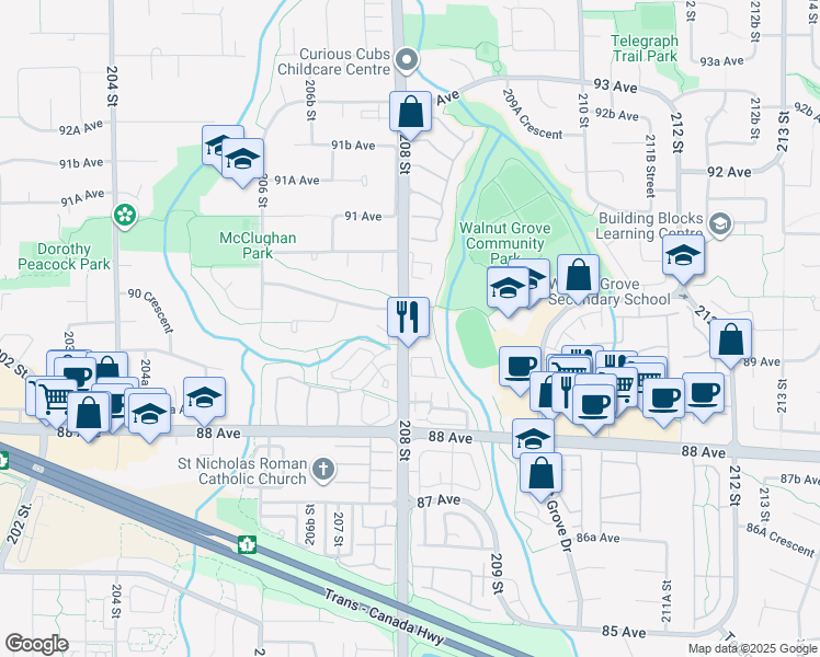 map of restaurants, bars, coffee shops, grocery stores, and more near 8968 208 Street in Langley