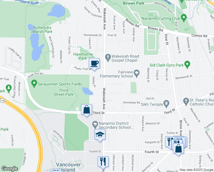 map of restaurants, bars, coffee shops, grocery stores, and more near 214 Wakesiah Avenue in Nanaimo