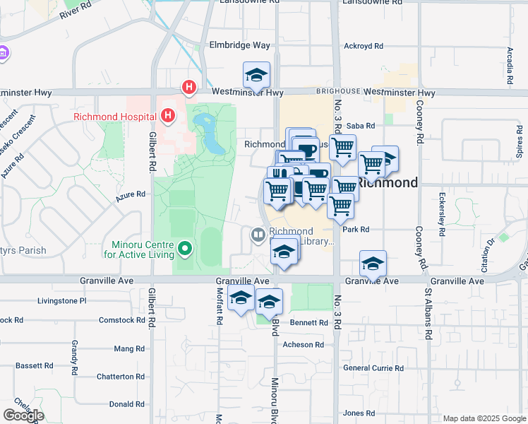 map of restaurants, bars, coffee shops, grocery stores, and more near 6651 Minoru Boulevard in Richmond