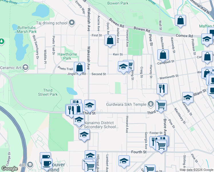 map of restaurants, bars, coffee shops, grocery stores, and more near 683 Montague Road in Nanaimo