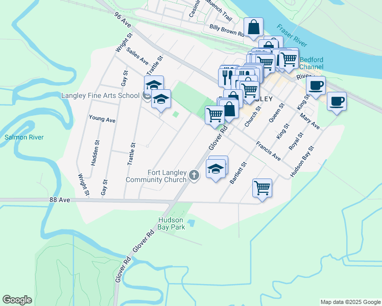 map of restaurants, bars, coffee shops, grocery stores, and more near 8954 Mackie Street in Langley