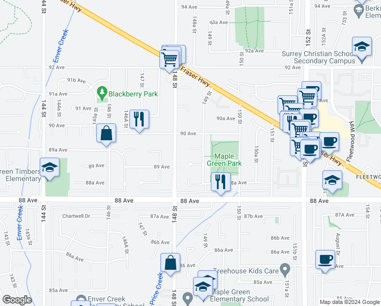 map of restaurants, bars, coffee shops, grocery stores, and more near 14852 Delwood Place in Surrey
