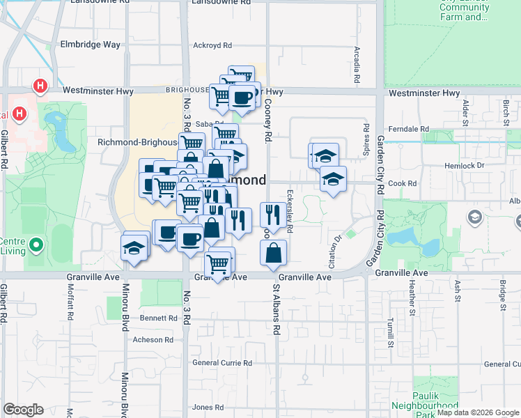 map of restaurants, bars, coffee shops, grocery stores, and more near 6631 Cooney Road in Richmond