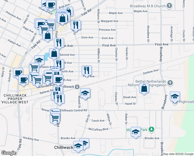 map of restaurants, bars, coffee shops, grocery stores, and more near 46202 Fifth Avenue in Chilliwack