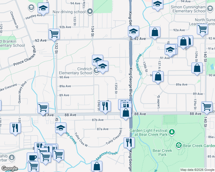 map of restaurants, bars, coffee shops, grocery stores, and more near 8972 134B Street in Surrey